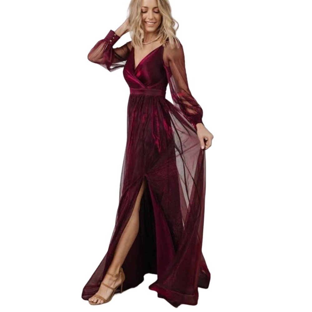 Baltic Born M NWT Octavia Shimmer Gown Dress Mulberry Red Long Sleeve Maxi